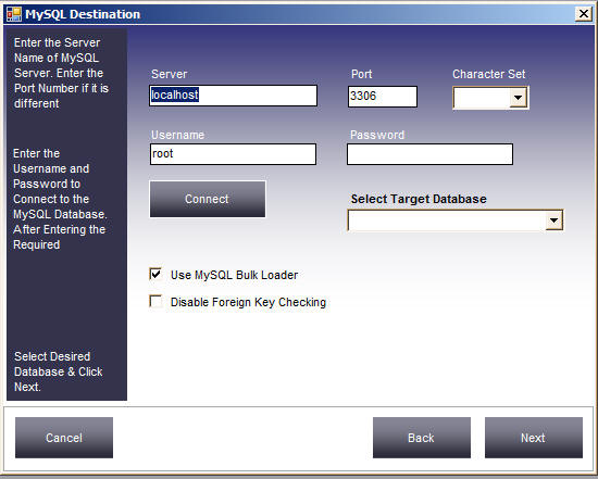 Data Loader MySQL database connection screen