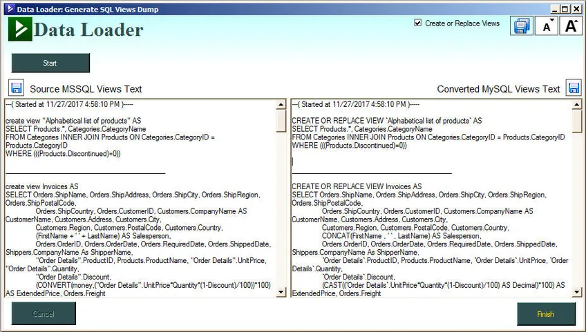 Converted SQL view code generated by Data Loader