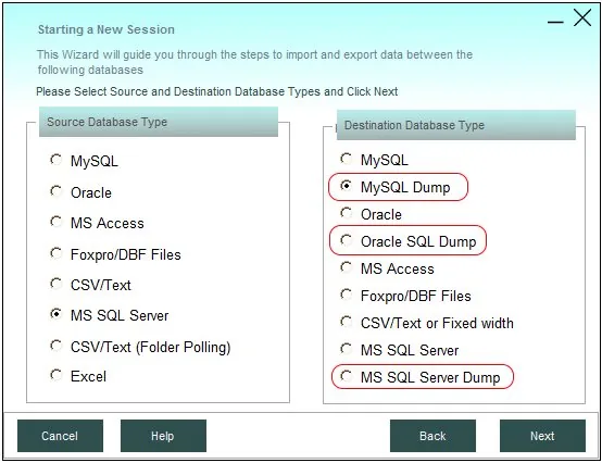 Example of a generated SQL dump file for database view conversion