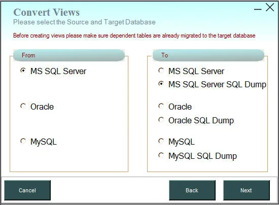 Data Loader interface showing view conversion between database platforms