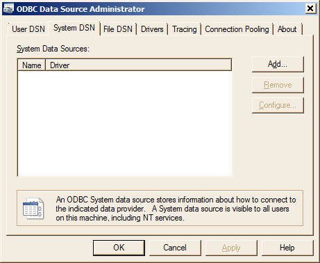 ODBC Data Sources administrator window